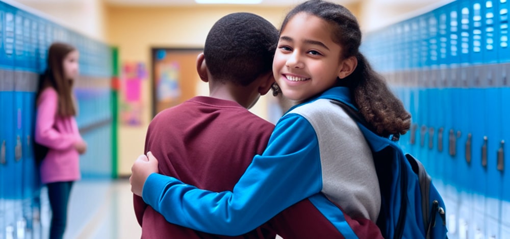 Student offers supportive hand to classmate in hallway