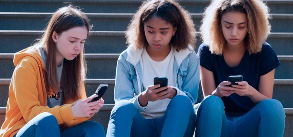Teen girl looking at phone with supportive friend beside her