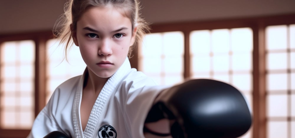 Young girl in martial-arts uniform throwing empowered punch